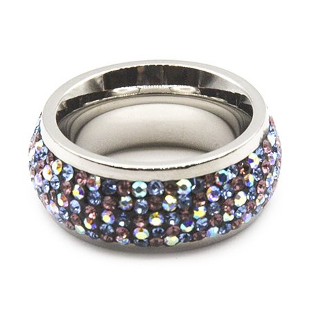Anillo sinfin de acero con 5 finas de cubic celeste, blancas y violeta